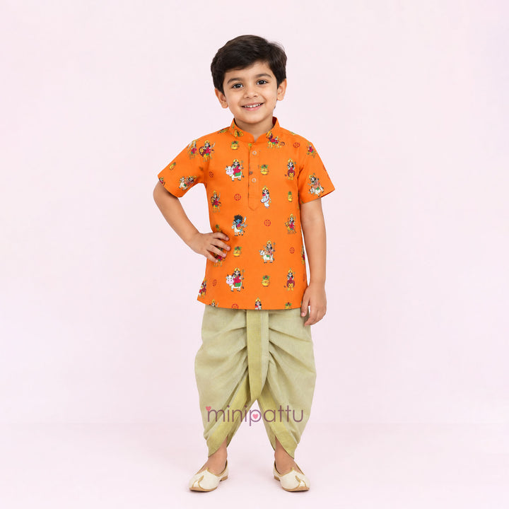 Navadurga Orange Printed Kurta & Dhothi set