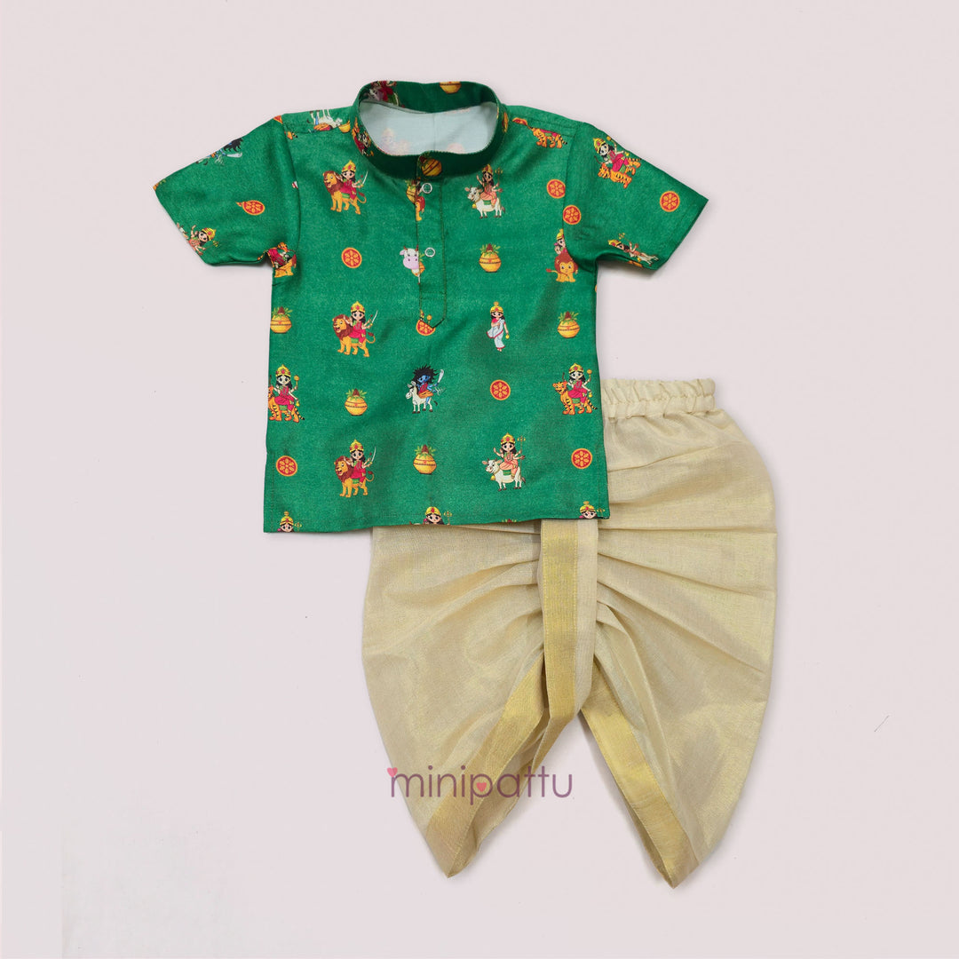 Navadurga Green Printed Kurta & Dhothi set