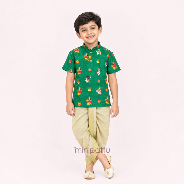 Navadurga Green Printed Kurta & Dhothi set