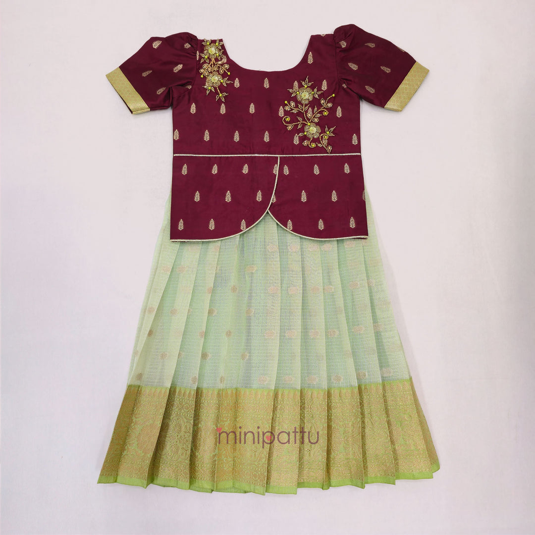Deepali - Maroon Green Pattu Pavadai Minipattu