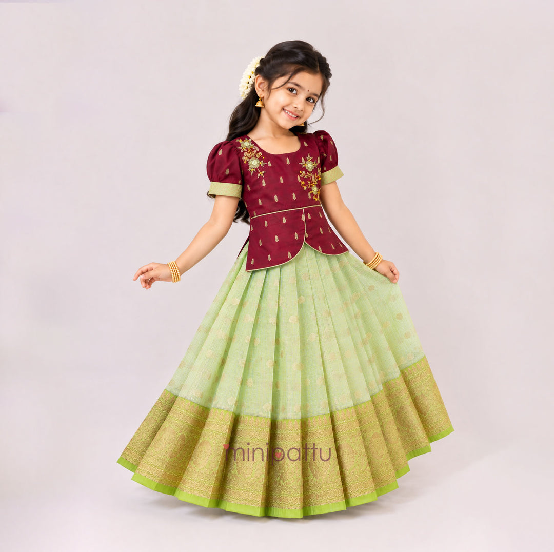 Deepali - Maroon Green Pattu Pavadai Minipattu