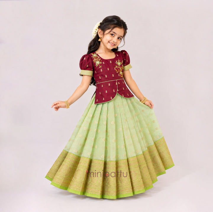 Deepali - Maroon Green Pattu Pavadai Minipattu