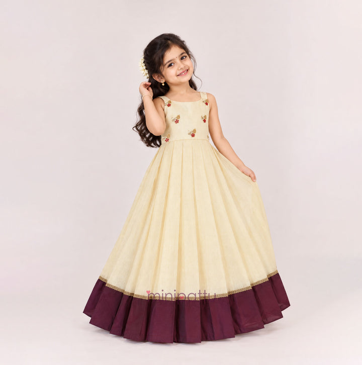 Samaira - Halfwhite Maroon Tissue Frock Minipattu