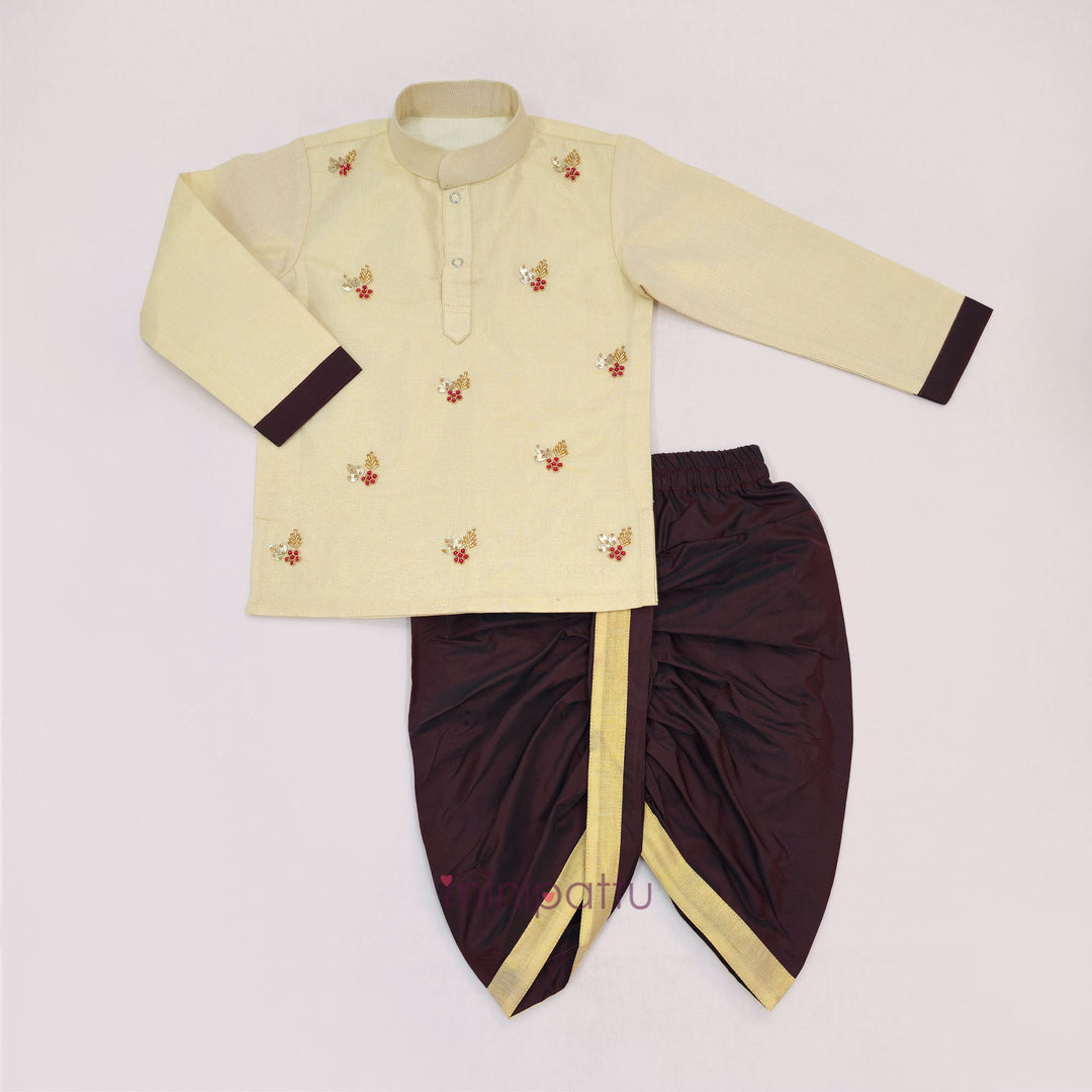 Sarvesh - Halfwhite Maroon Tissue Kurta & Dhoti set