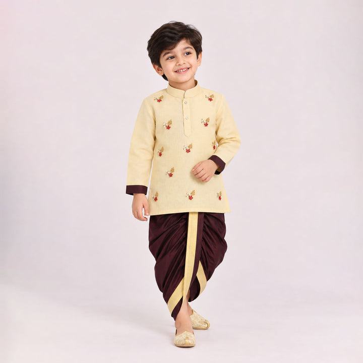 Sarvesh - Halfwhite Maroon Tissue Kurta & Dhoti set