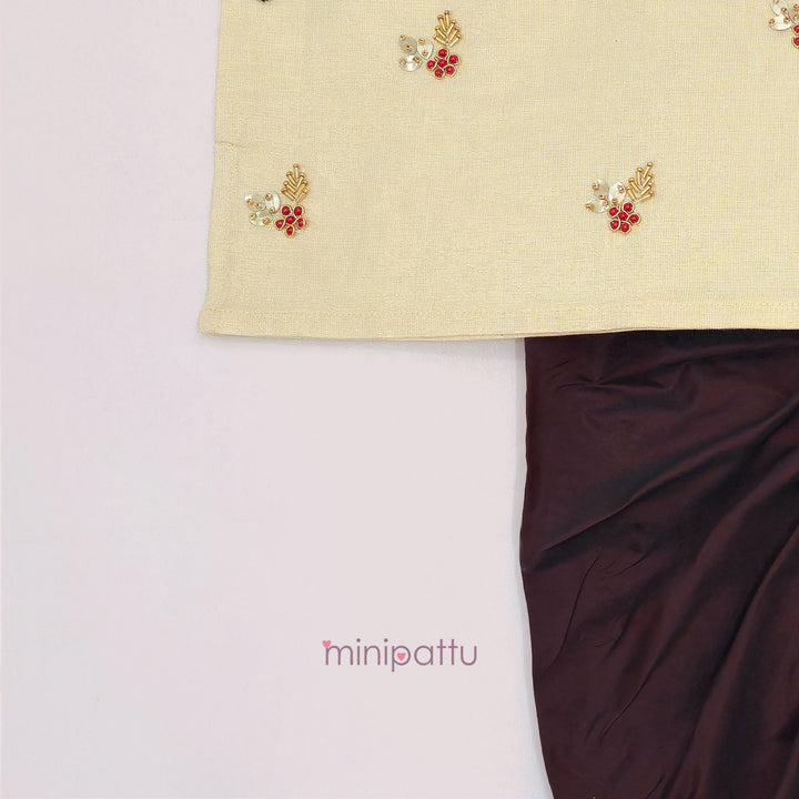 Sarvesh - Halfwhite Maroon Tissue Kurta & Dhoti set