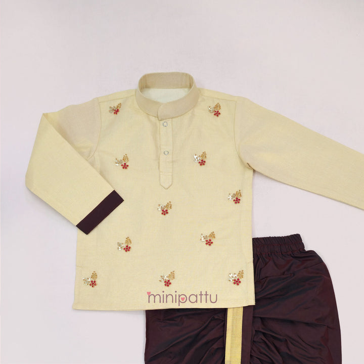 Sarvesh - Halfwhite Maroon Tissue Kurta & Dhoti set