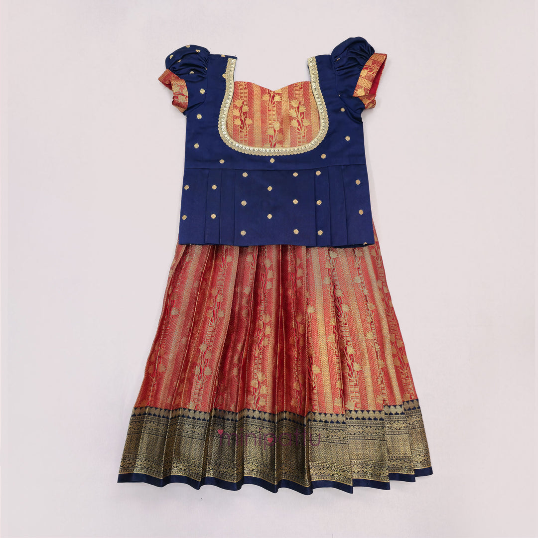 Tanuja - Navy Blue Maroon Pattu Pavadai Minipattu