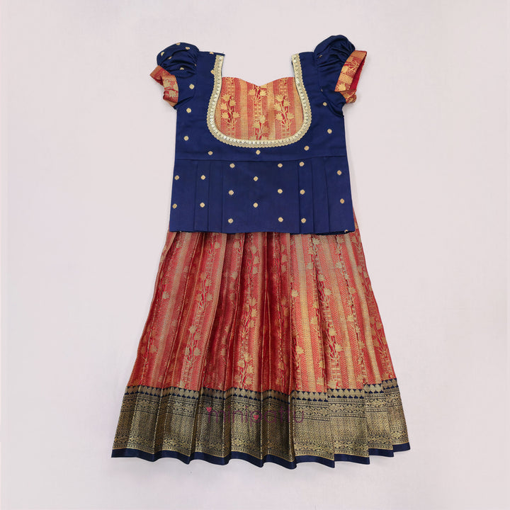 Tanuja - Navy Blue Maroon Pattu Pavadai Minipattu