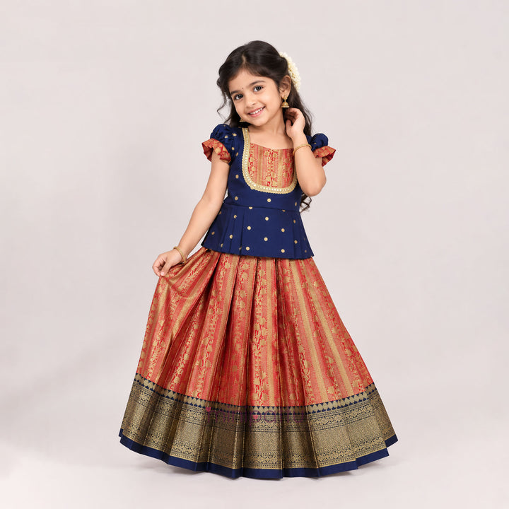 Tanuja - Navy Blue Maroon Pattu Pavadai Minipattu