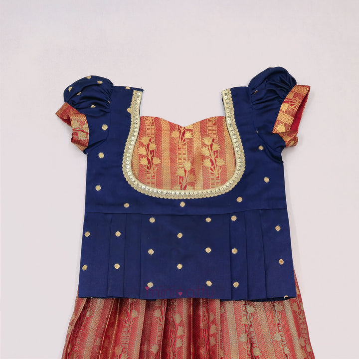 Tanuja - Navy Blue Maroon Pattu Pavadai Minipattu
