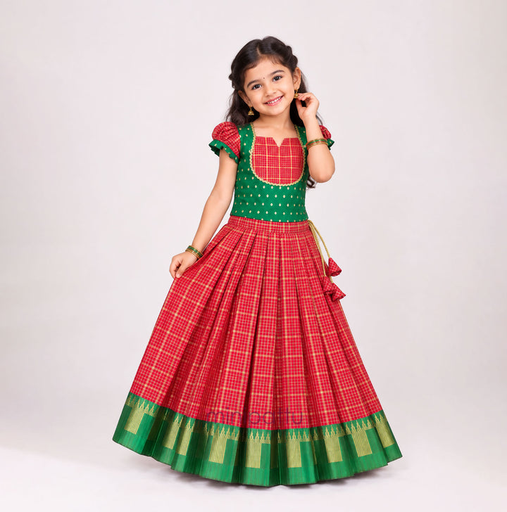 Kritika - Red Green Checks Pattu Pavadai Minipattu