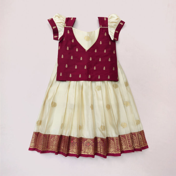 Annapakshi - Maroon Halfwhite Pattu Pavadai Minipattu