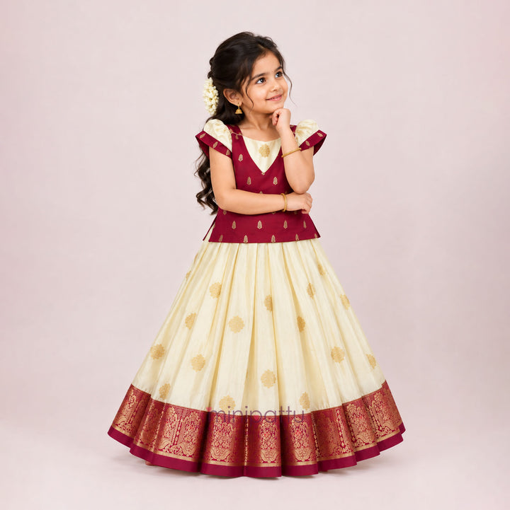 Annapakshi - Maroon Halfwhite Pattu Pavadai Minipattu
