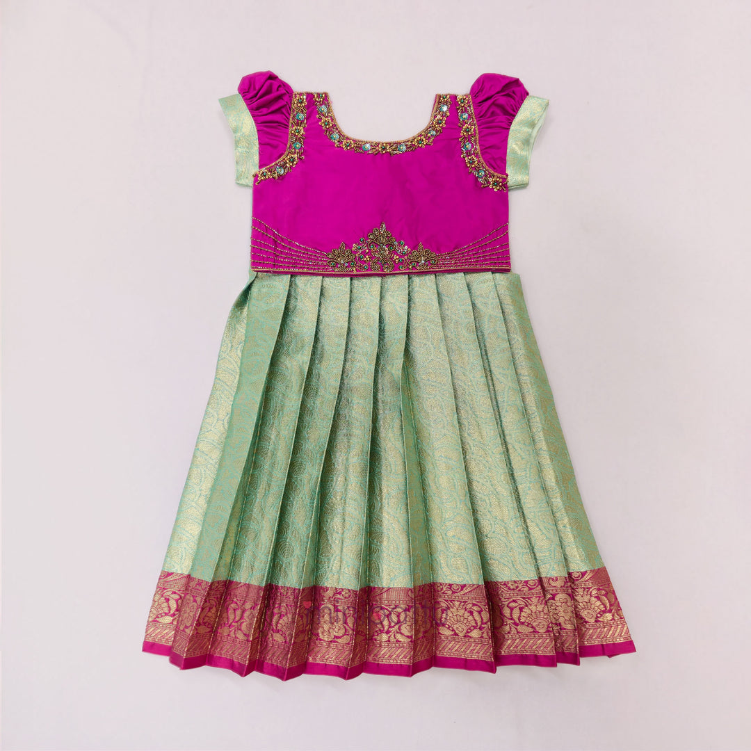 Tanushri - Pink Green Pattu Pavadai Minipattu