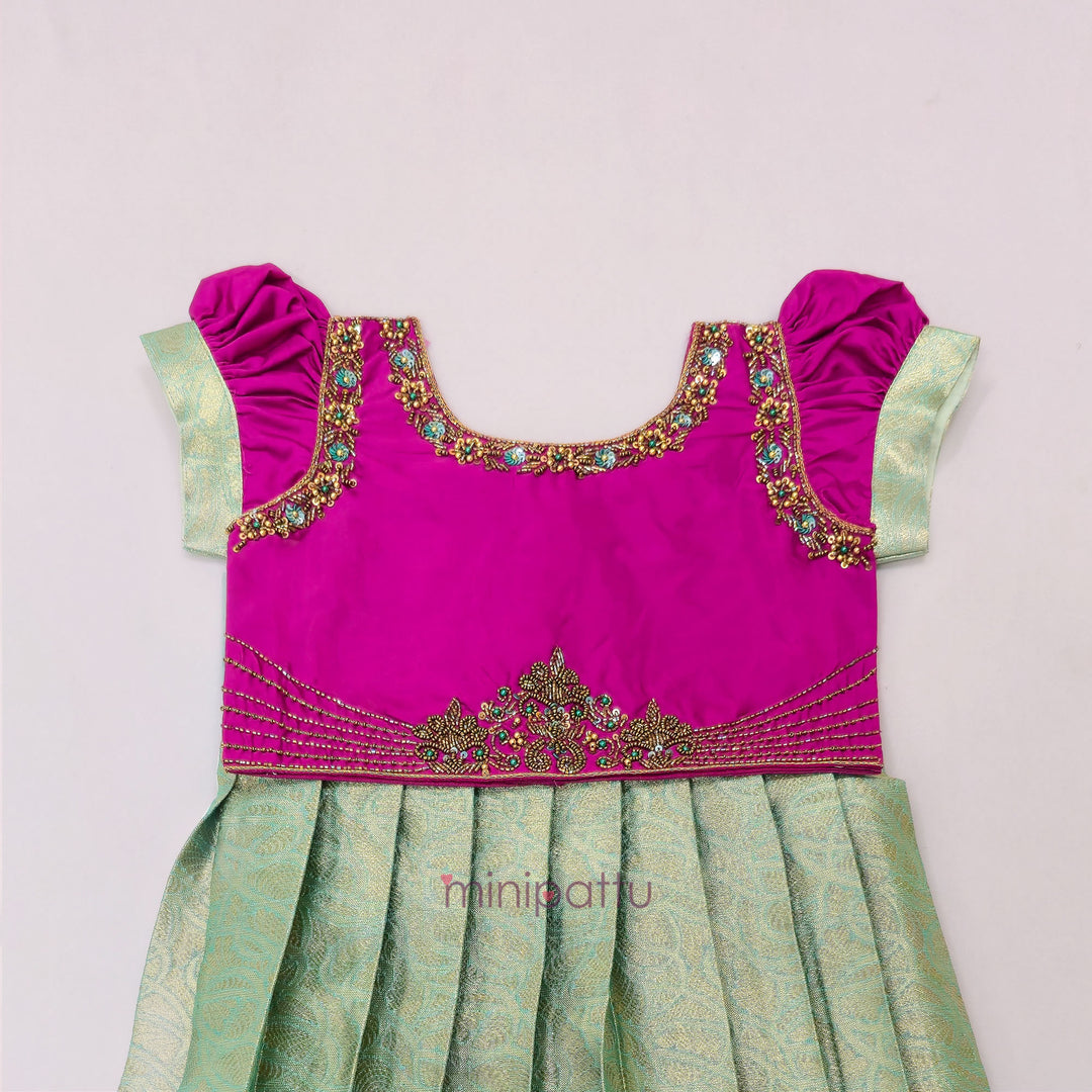 Tanushri - Pink Green Pattu Pavadai Minipattu