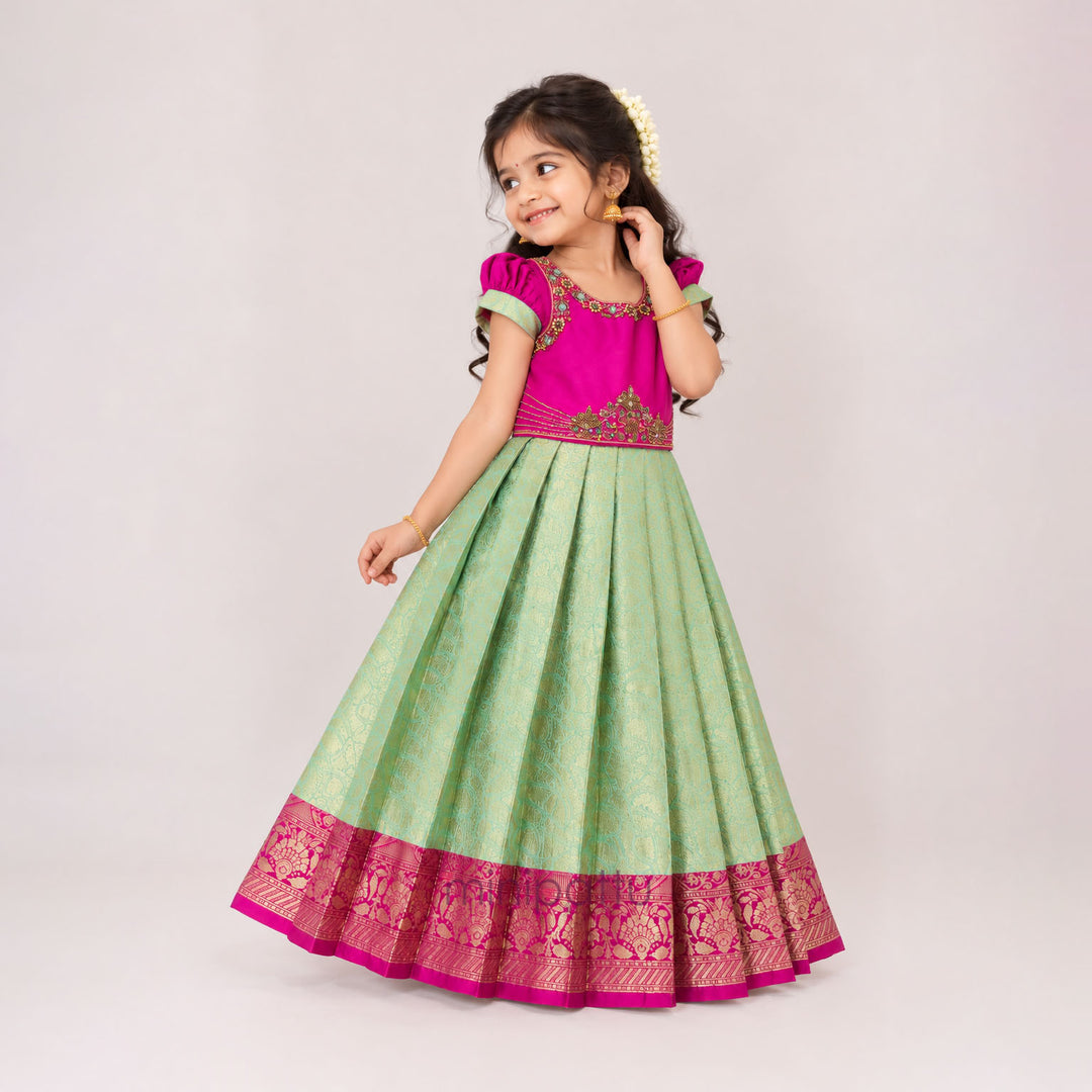 Tanushri - Pink Green Pattu Pavadai Minipattu