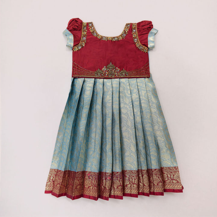 Tanushri - Maroon Blue Pattu Pavadai Minipattu
