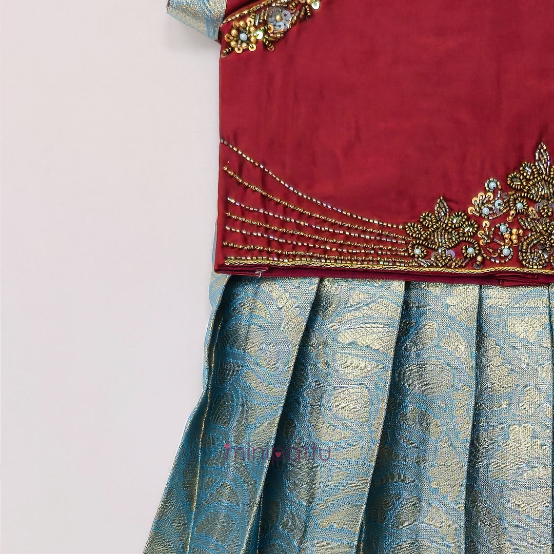Tanushri - Maroon Blue Pattu Pavadai Minipattu
