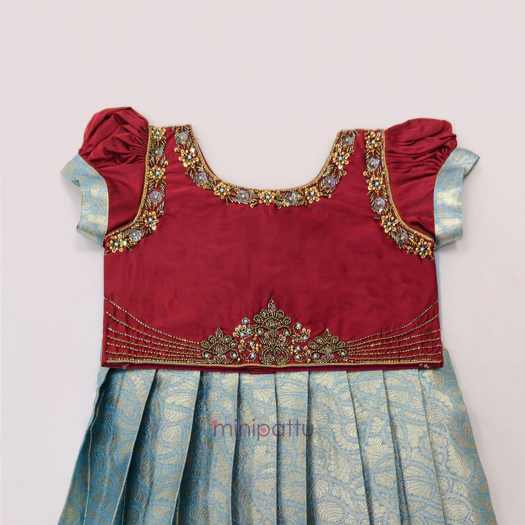 Tanushri - Maroon Blue Pattu Pavadai Minipattu