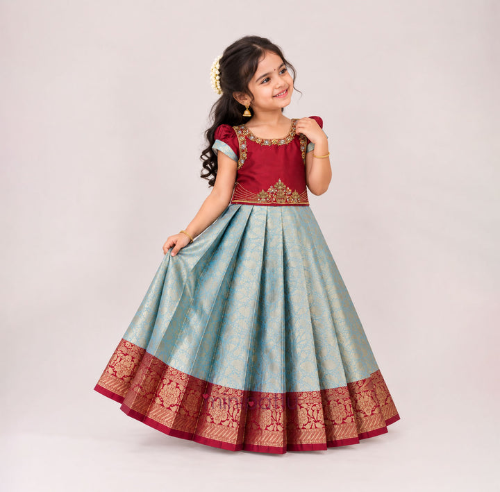 Tanushri - Maroon Blue Pattu Pavadai Minipattu