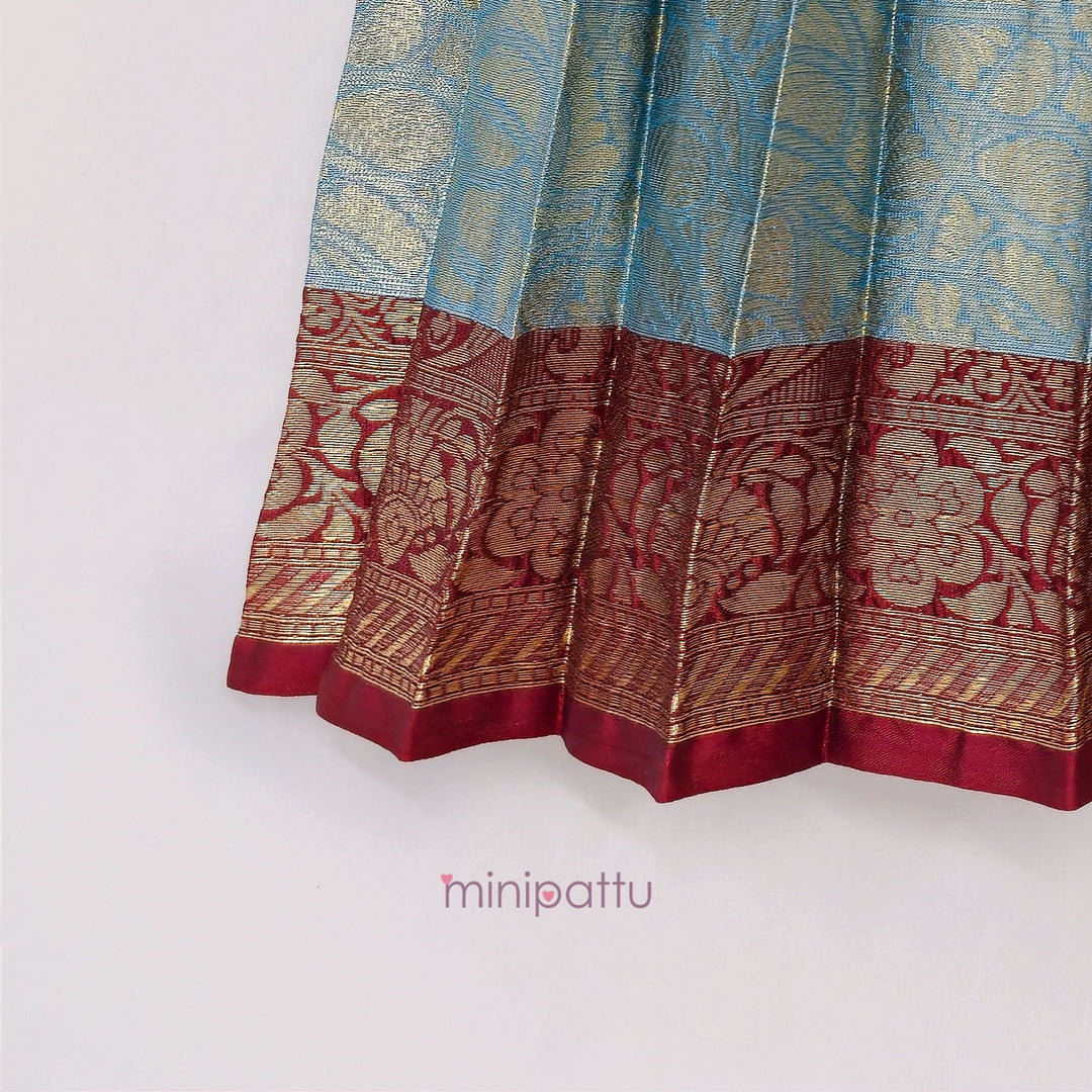Tanushri - Maroon Blue Pattu Pavadai Minipattu