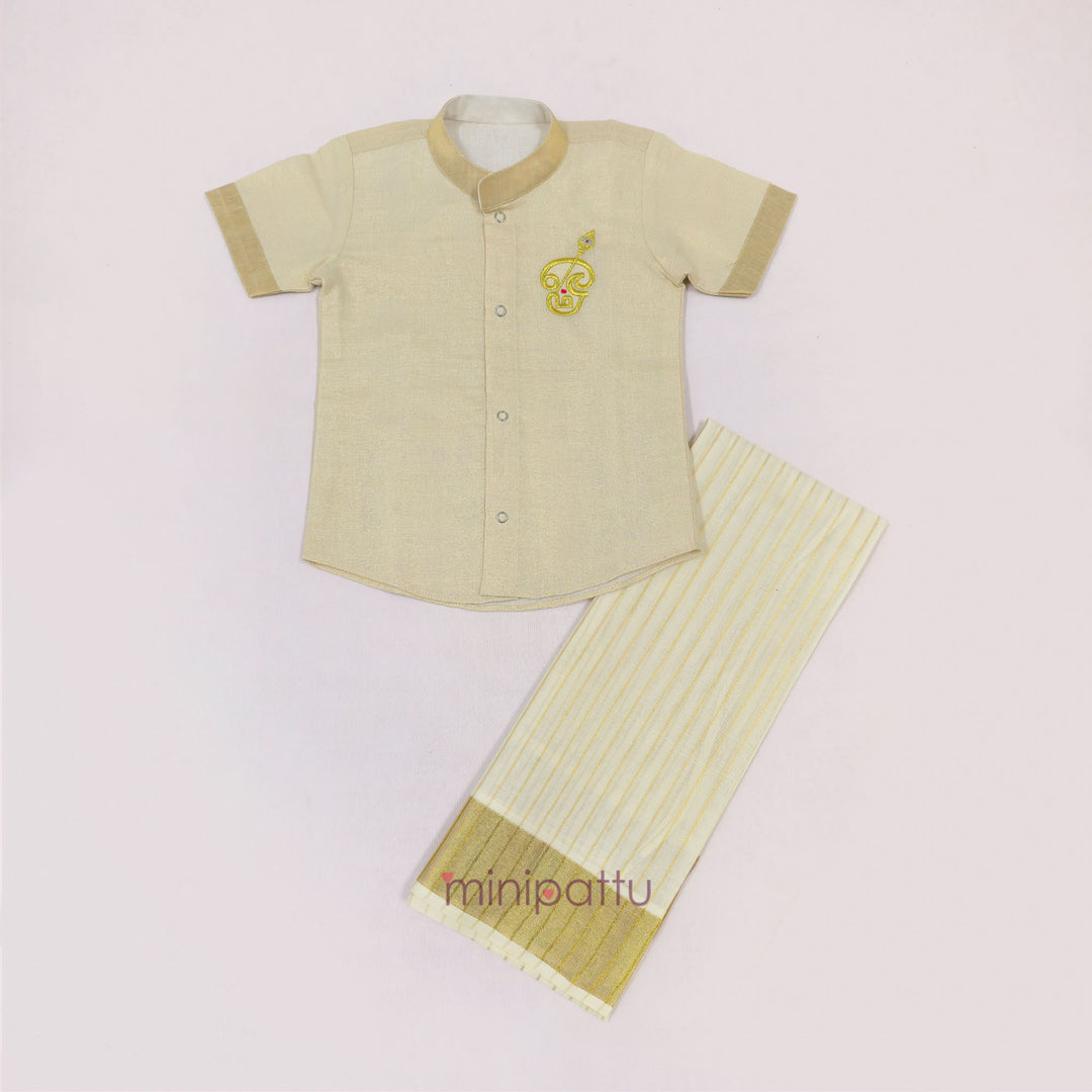Murugan Half White Tissue Kurta Shirt & Veshti set