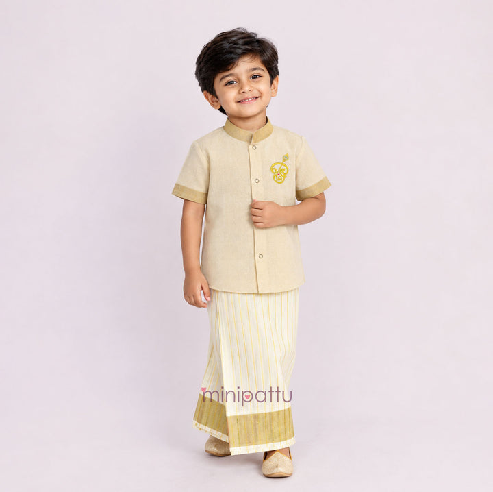 Murugan Half White Tissue Kurta Shirt & Veshti set