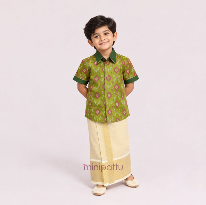 Pochampally Green Shirt & Veshti Set