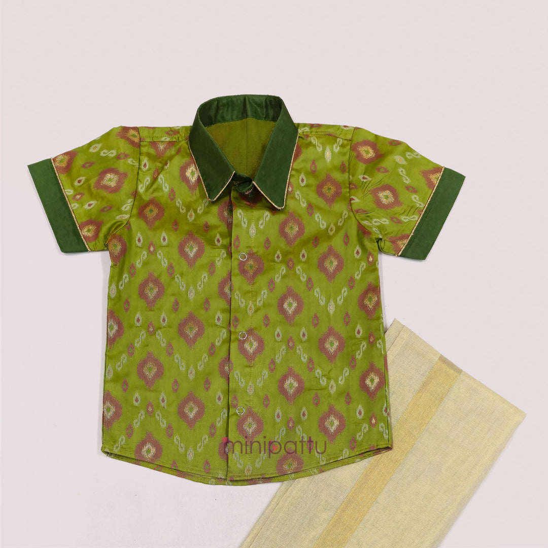 Pochampally Green Shirt & Veshti Set