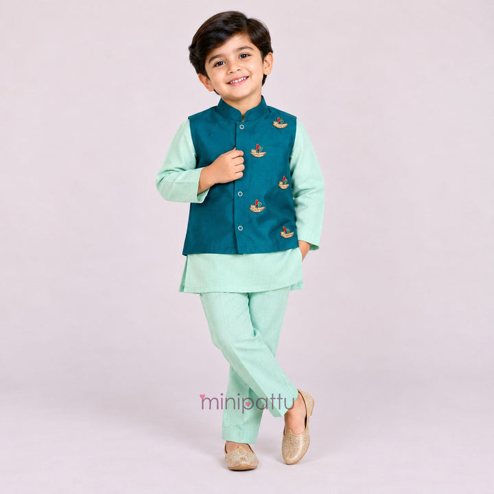 Advik - Aqua Blue Teal Embellished Jacket set