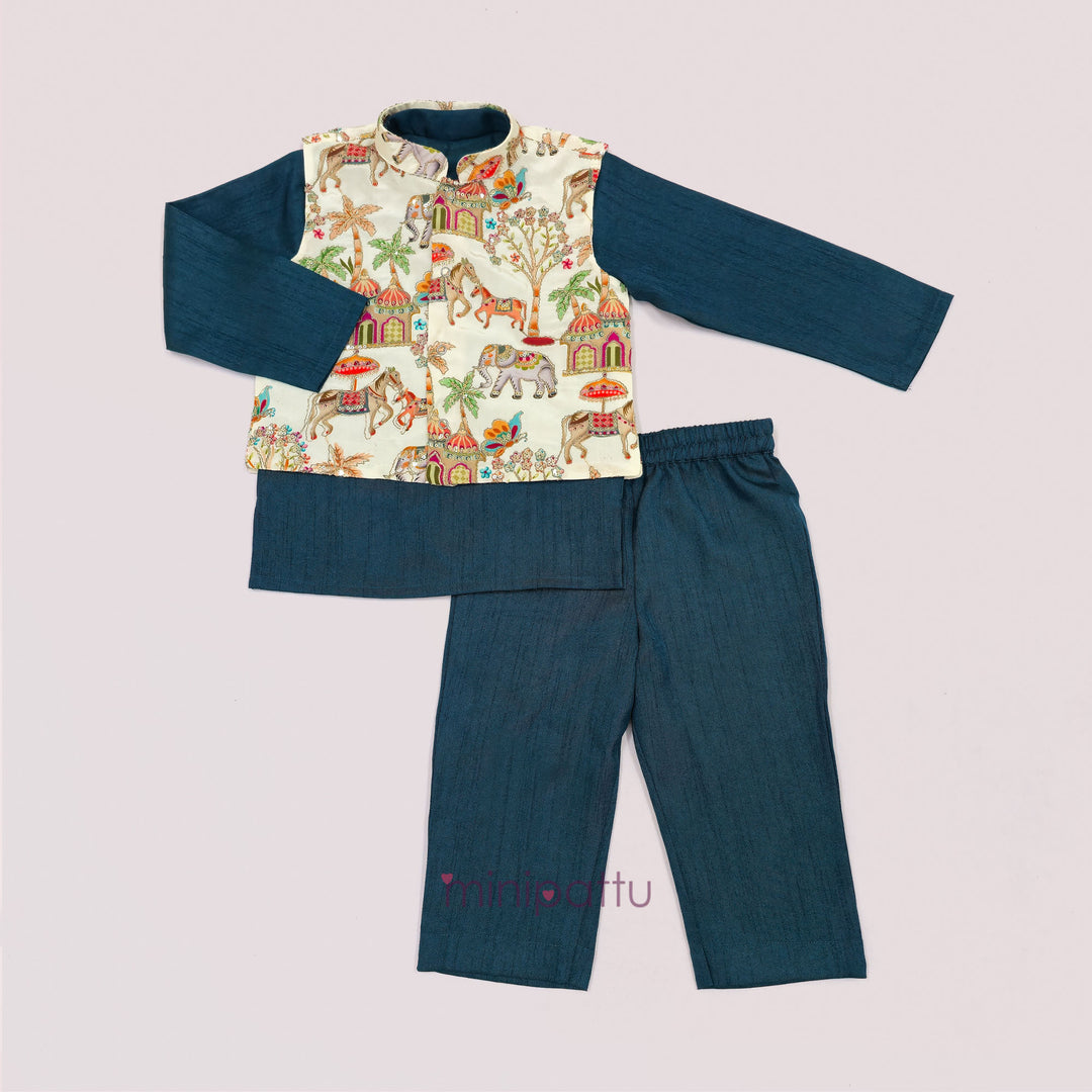 Abhinav - Halfwhite Teal Designer Jacket set