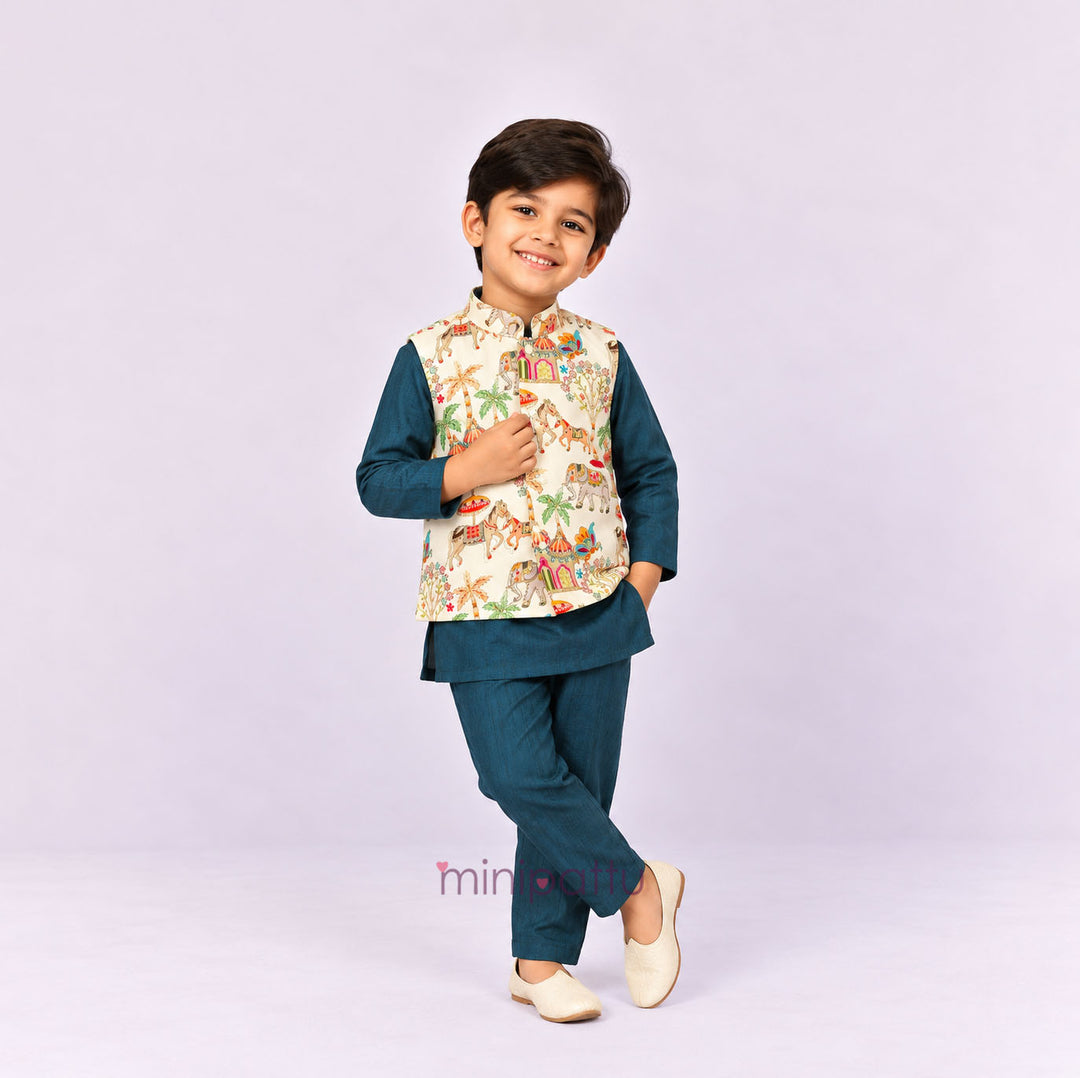 Abhinav - Halfwhite Teal Designer Jacket set