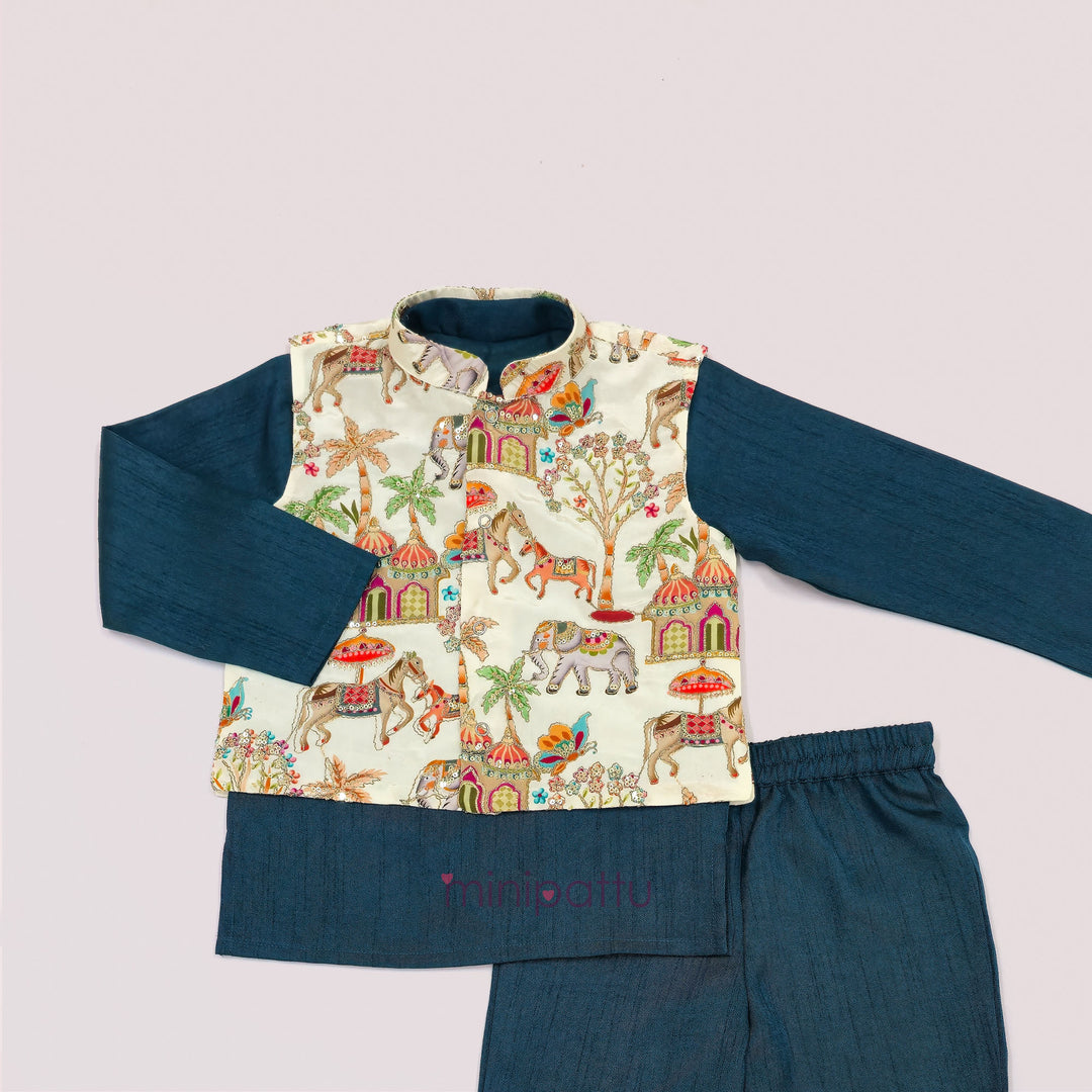 Abhinav - Halfwhite Teal Designer Jacket set