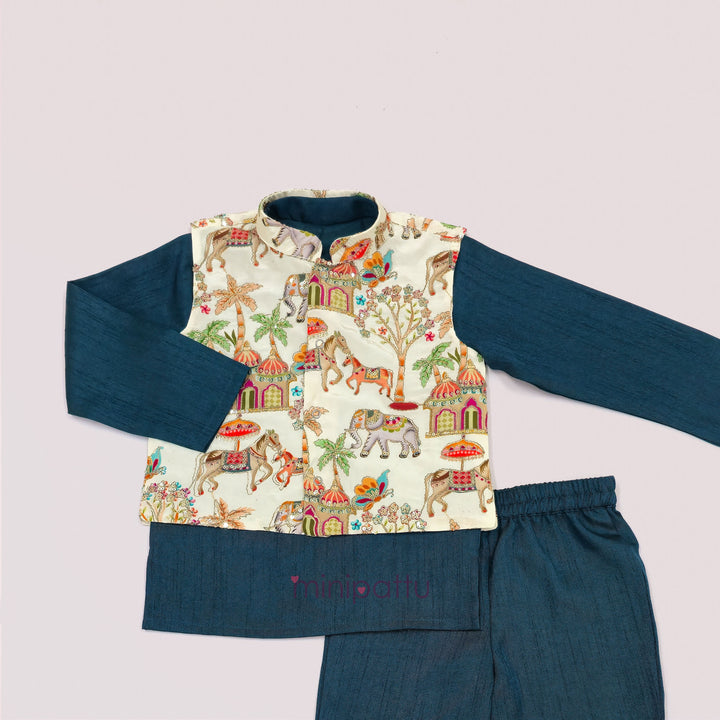 Abhinav - Halfwhite Teal Designer Jacket set