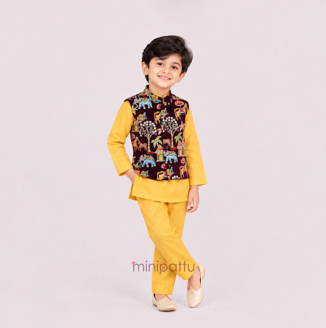 Abhinav - Maroon Yellow Designer Jacket set