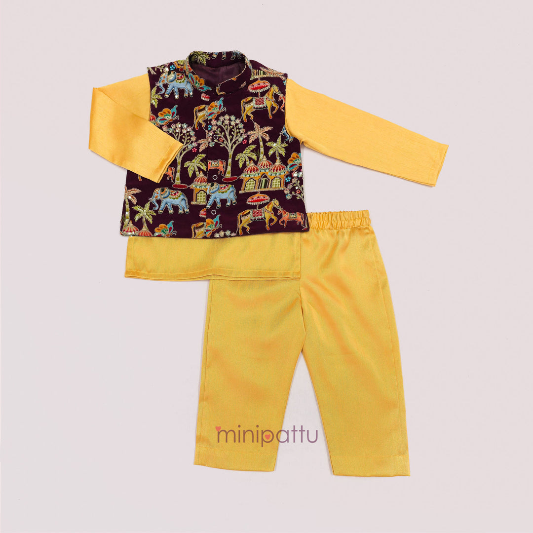Abhinav - Maroon Yellow Designer Jacket set