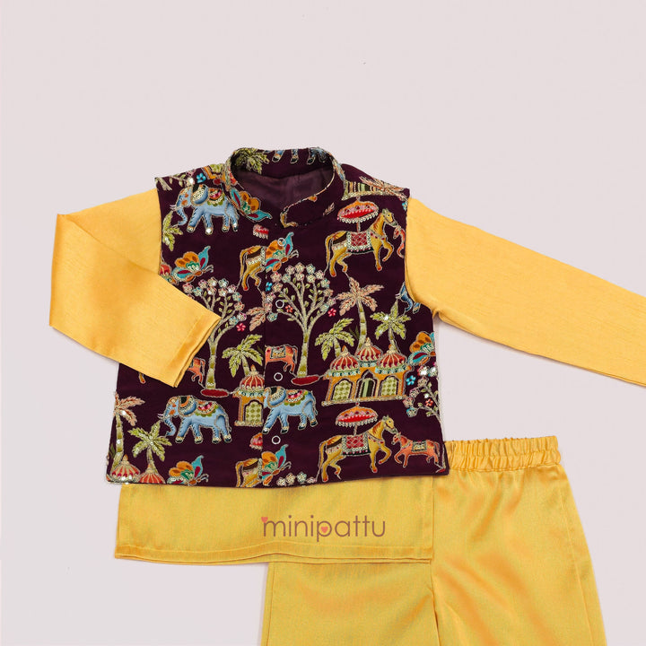 Abhinav - Maroon Yellow Designer Jacket set