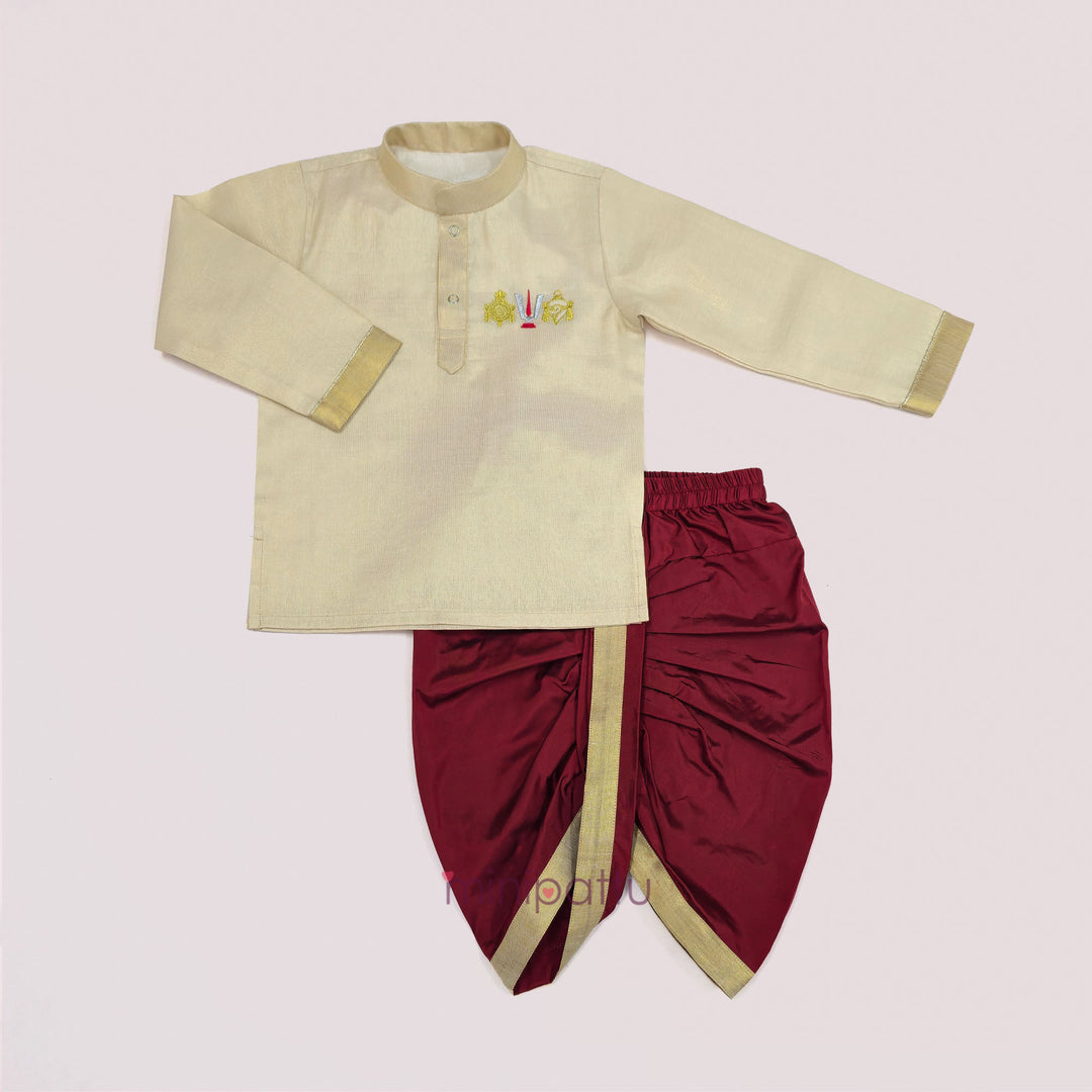 Perumal - Half White Tissue Kurta & Maroon Dhoti set