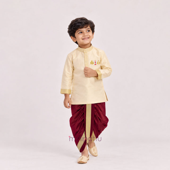 Perumal - Half White Tissue Kurta & Maroon Dhoti set