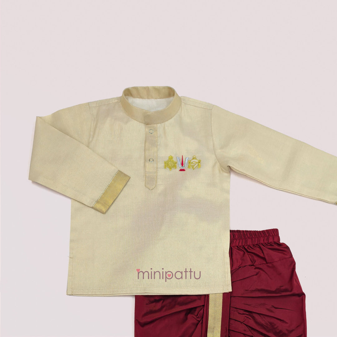 Perumal - Half White Tissue Kurta & Maroon Dhoti set