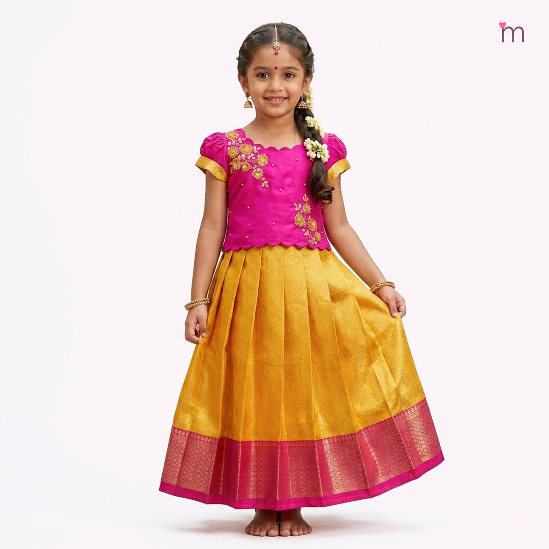 Akshara - Pink Yellow Pattu Pavadai Minipattu