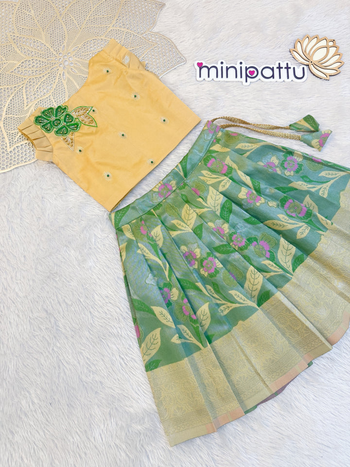 Dhanya - Beige Leaf Green Designer Minipattu