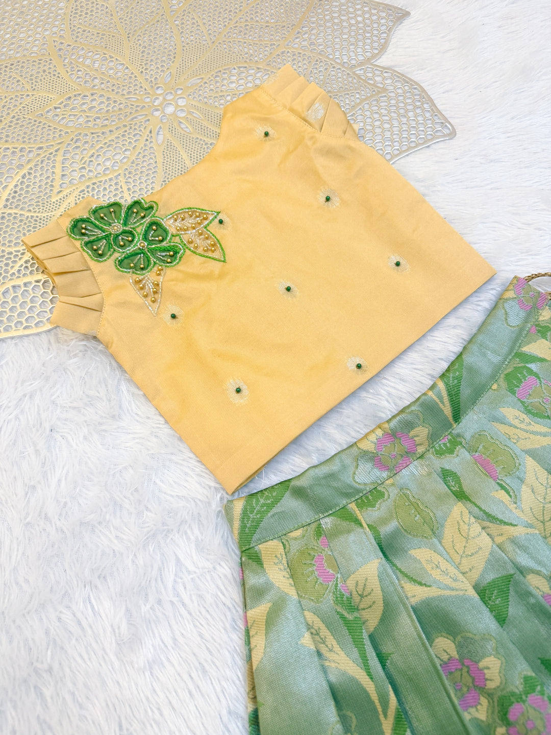 Dhanya - Beige Leaf Green Designer Minipattu