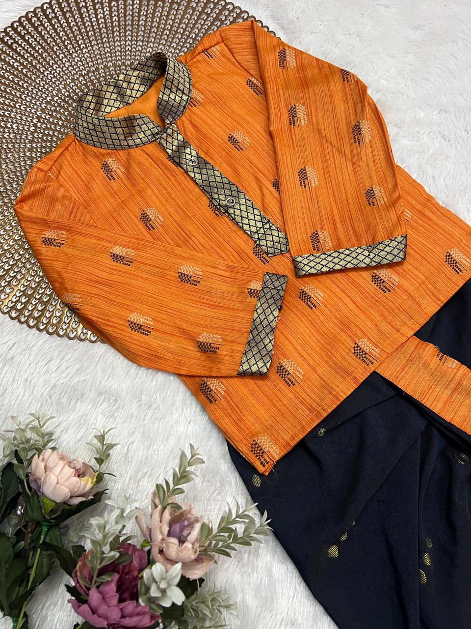 Vihaan - Orange Navy Zari Kurtha set