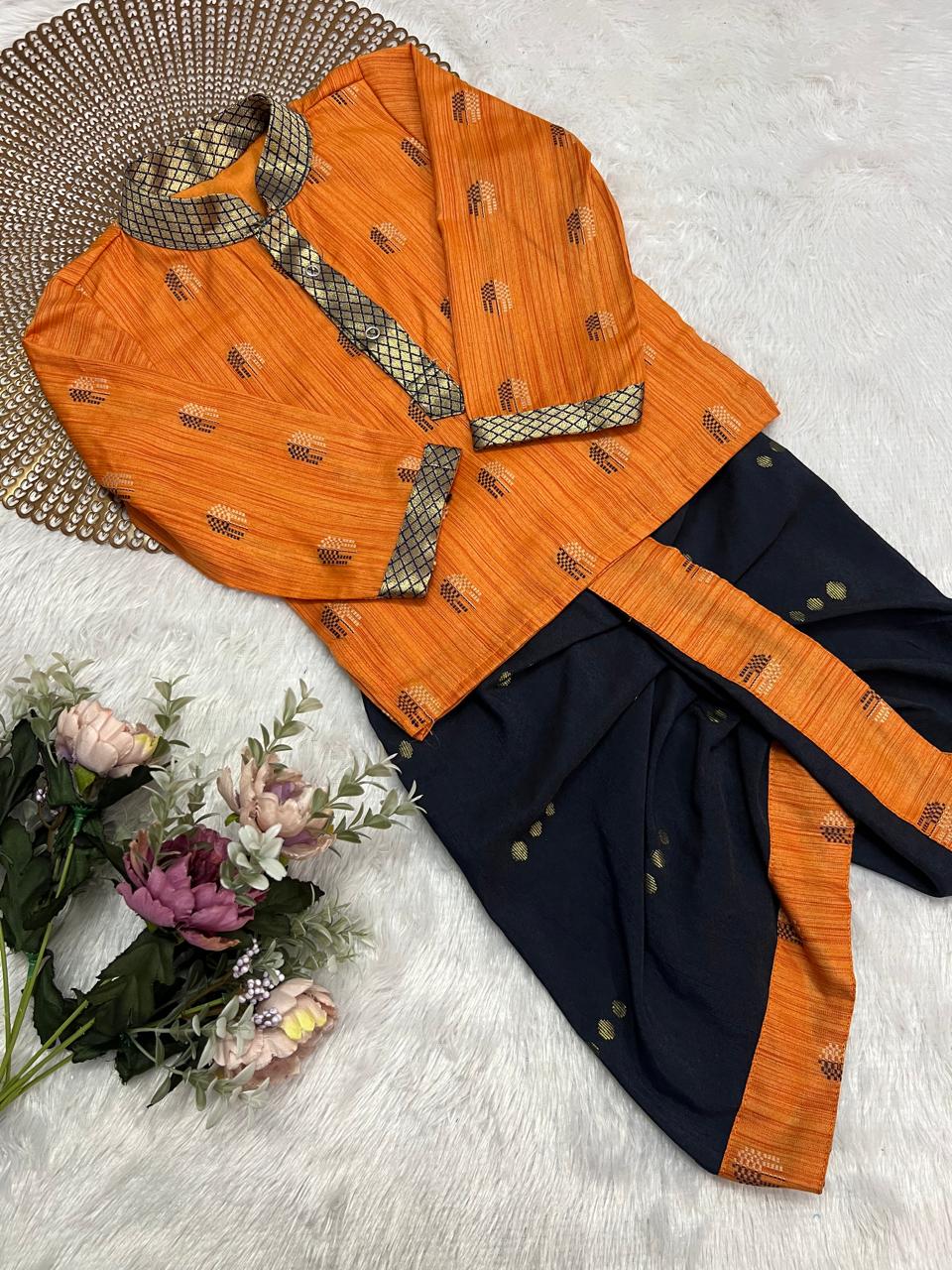 Vihaan - Orange Navy Zari Kurtha set