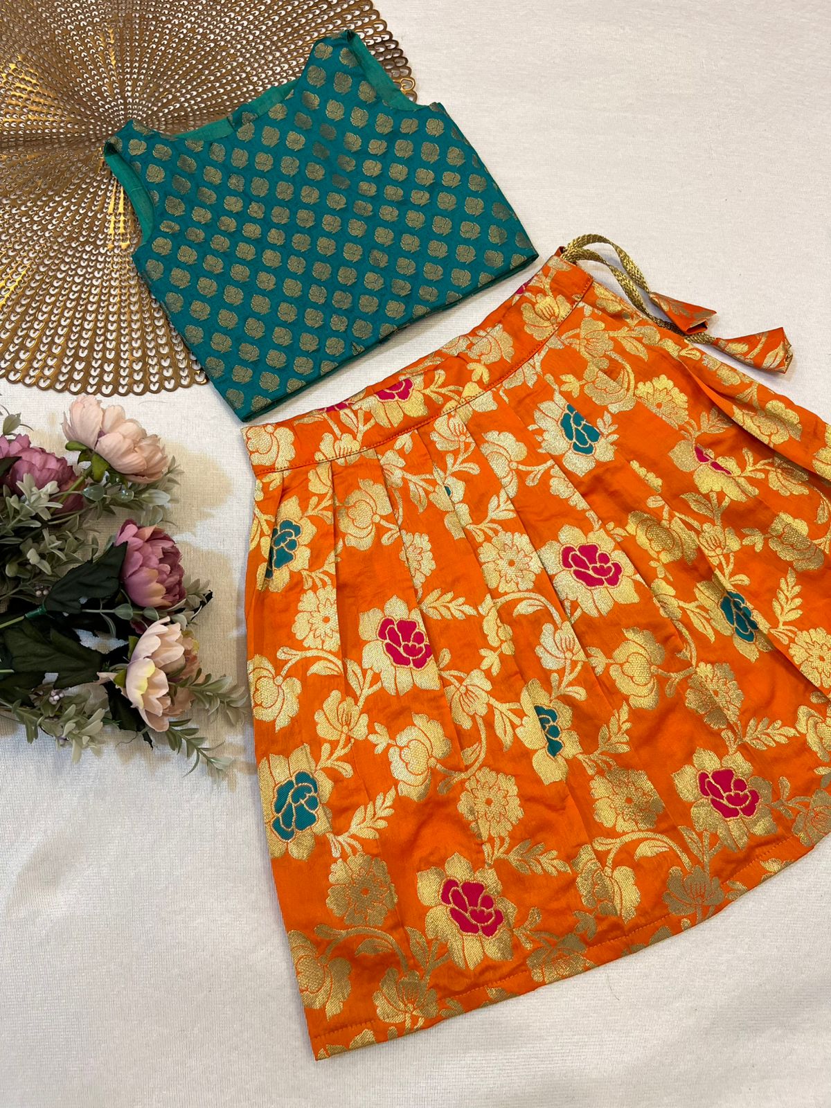 Amara - Teal Blue Orange Floral Minipattu