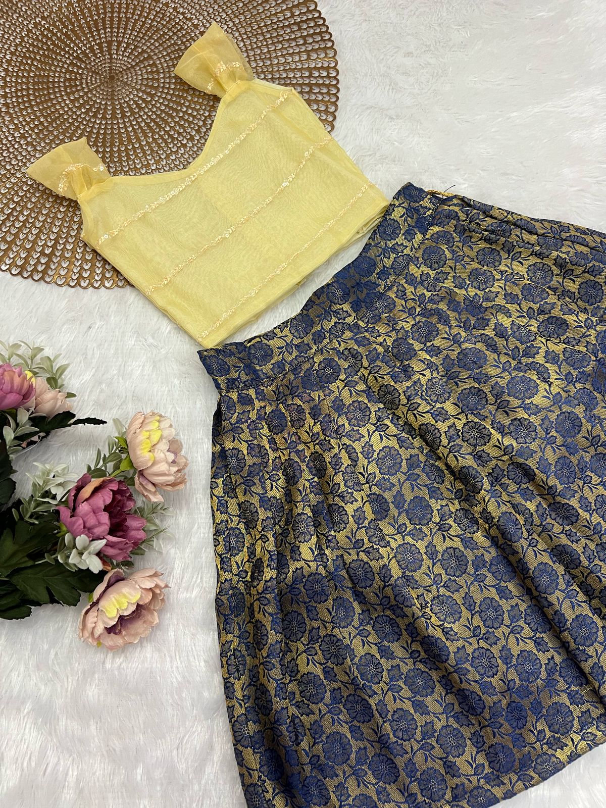 Neha - Yellow Organza Navy Minipattu