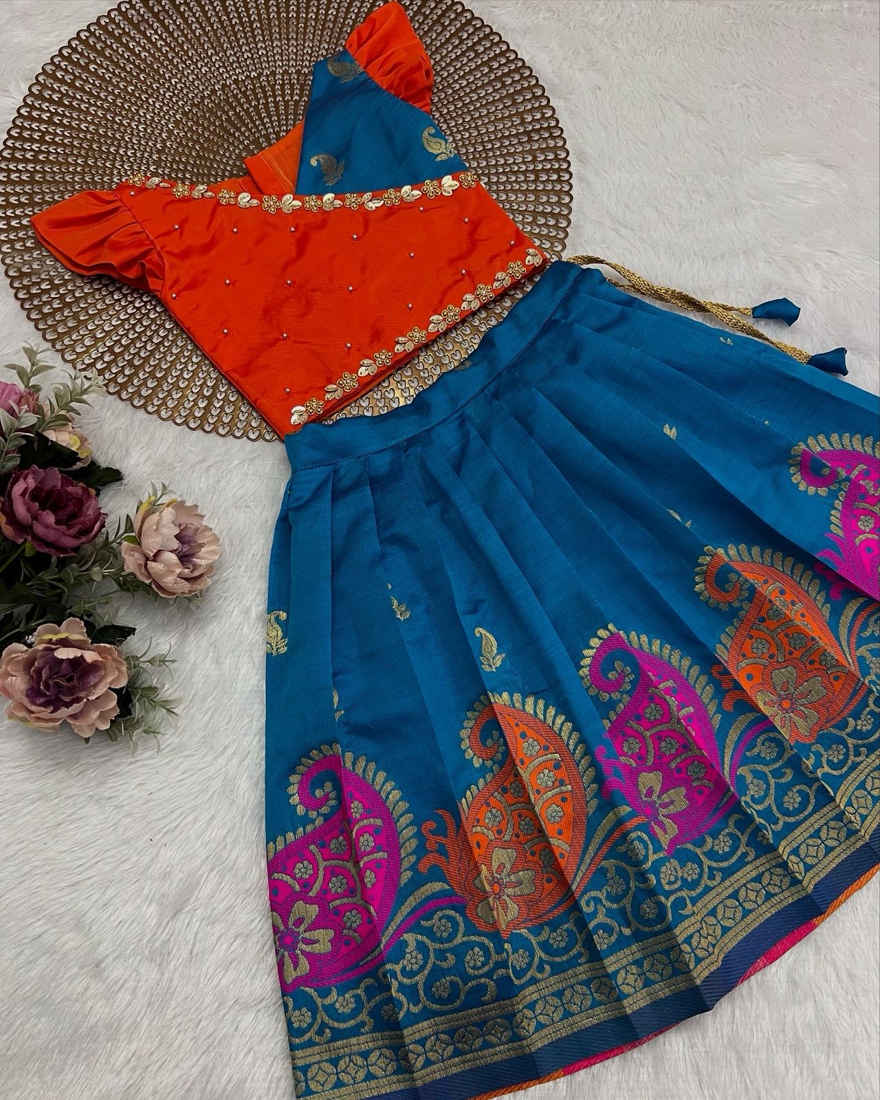 Rangoli - Teal Blue Orange Designer Minipattu