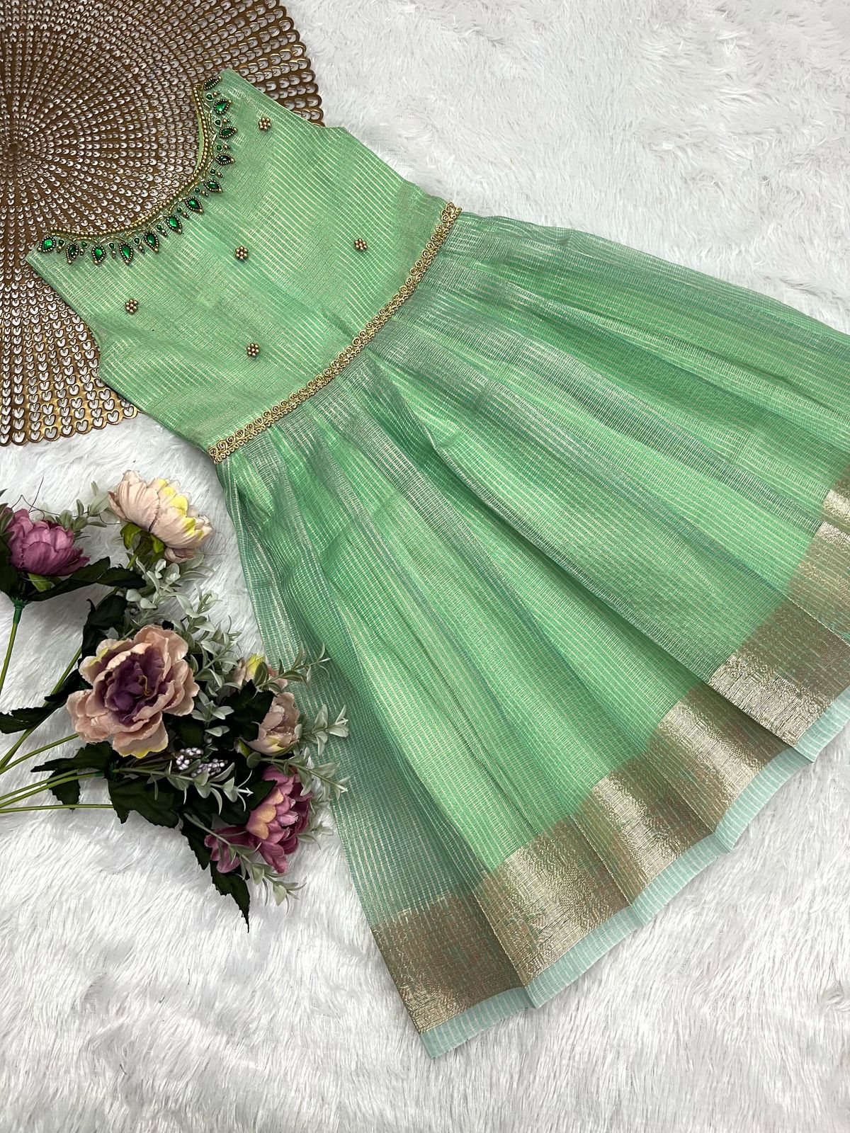 Tharini- Green Tissue Silk Frock